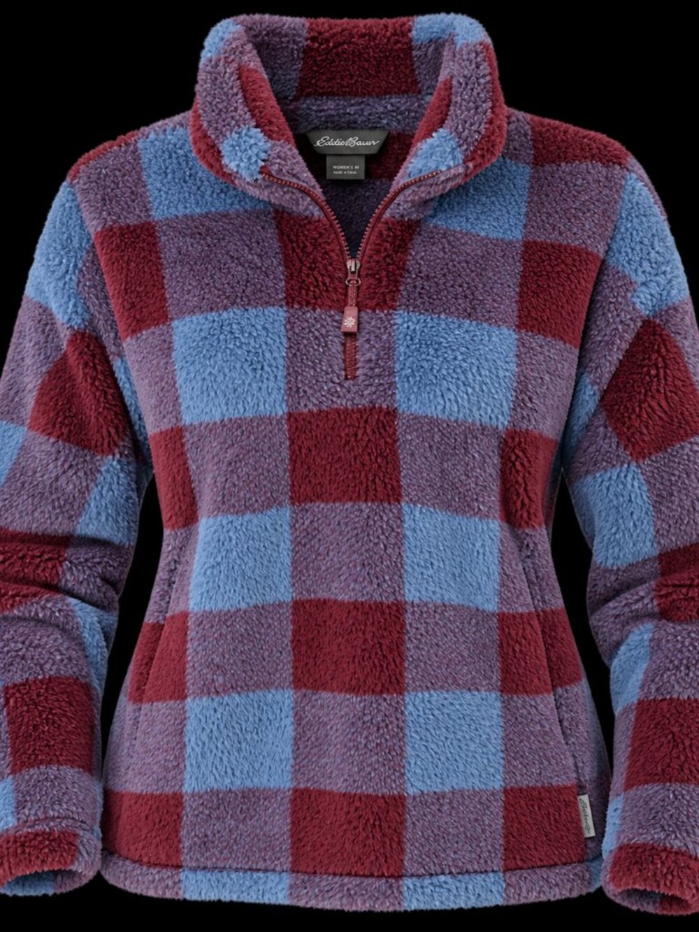 Eddie Bauer Women's Medium Faux Fur Plaid Quarter-Zip Pullover | Blue Burgundy